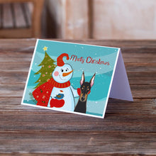 Load image into Gallery viewer, Snowman with Doberman Greeting Cards -  Blank Note Cards – 8-Pack of Artist-Designed Cards with Envelopes