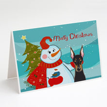 Load image into Gallery viewer, Snowman with Doberman Greeting Cards -  Blank Note Cards – 8-Pack of Artist-Designed Cards with Envelopes