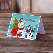 Load image into Gallery viewer, Snowman with Tricolor Corgi Greeting Cards -  Blank Note Cards – 8-Pack of Artist-Designed Cards with Envelopes