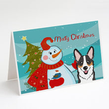 Load image into Gallery viewer, Snowman with Tricolor Corgi Greeting Cards -  Blank Note Cards – 8-Pack of Artist-Designed Cards with Envelopes
