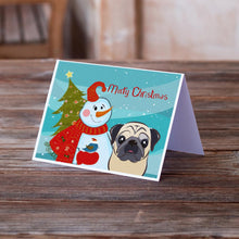 Load image into Gallery viewer, Snowman with Fawn Pug Greeting Cards -  Blank Note Cards – 8-Pack of Artist-Designed Cards with Envelopes