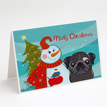 Load image into Gallery viewer, Snowman with Black Pug Greeting Cards -  Blank Note Cards – 8-Pack of Artist-Designed Cards with Envelopes