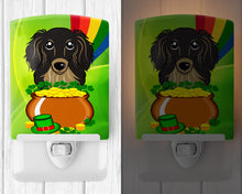 Load image into Gallery viewer, Longhair Black and Tan Dachshund St. Patrick's Day Ceramic Night Light BB1957CNL