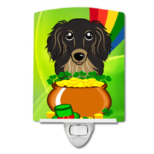Load image into Gallery viewer, Longhair Black and Tan Dachshund St. Patrick's Day Ceramic Night Light BB1957CNL