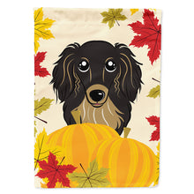 Load image into Gallery viewer, Longhair Black and Tan Dachshund Thanksgiving Flag Canvas House Size BB2019CHF