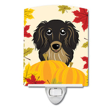 Load image into Gallery viewer, Longhair Black and Tan Dachshund Thanksgiving Ceramic Night Light BB2019CNL