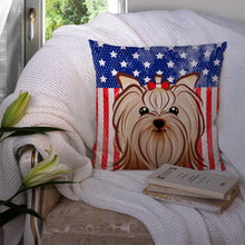Load image into Gallery viewer, American Flag and Yorkie Yorkishire Terrier Throw Pillow - 14x14 Decorative Pillow – Art for Your Home &amp; Patio BB2134PW1414