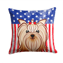 Load image into Gallery viewer, American Flag and Yorkie Yorkishire Terrier Throw Pillow - 14x14 Decorative Pillow – Art for Your Home &amp; Patio BB2134PW1414