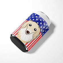 Load image into Gallery viewer, American Flag and Longhair Creme Dachshund Can or Bottle Hugger BB2142CC