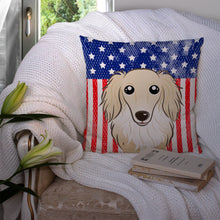 Load image into Gallery viewer, American Flag and Longhair Creme Dachshund Throw Pillow - 14x14 Decorative Pillow – Art for Your Home &amp; Patio BB2142PW1414