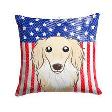 Load image into Gallery viewer, American Flag and Longhair Creme Dachshund Throw Pillow - 14x14 Decorative Pillow – Art for Your Home &amp; Patio BB2142PW1414