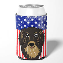 Load image into Gallery viewer, American Flag and Longhair Black and Tan Dachshund Can or Bottle Hugger BB2143CC