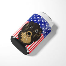 Load image into Gallery viewer, American Flag and Longhair Black and Tan Dachshund Can or Bottle Hugger BB2143CC