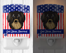 Load image into Gallery viewer, American Flag and Longhair Black and Tan Dachshund Ceramic Night Light BB2143CNL