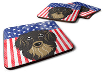 Load image into Gallery viewer, American Flag and Longhair Black and Tan Dachshund Foam Coaster