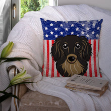Load image into Gallery viewer, American Flag and Longhair Black and Tan Dachshund Throw Pillow - 14x14 Decorative Pillow – Art for Your Home &amp; Patio BB2143PW1414