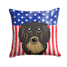 Load image into Gallery viewer, American Flag and Longhair Black and Tan Dachshund Throw Pillow - 14x14 Decorative Pillow – Art for Your Home &amp; Patio BB2143PW1414