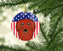 Load image into Gallery viewer, American Flag and Longhair Red Dachshund Ceramic Ornament