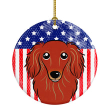Load image into Gallery viewer, American Flag and Longhair Red Dachshund Ceramic Ornament