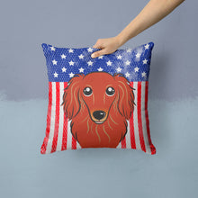 Load image into Gallery viewer, American Flag and Longhair Red Dachshund Throw Pillow - 14x14 Decorative Pillow – Art for Your Home &amp; Patio BB2144PW1414