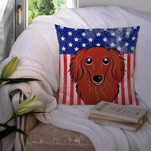 Load image into Gallery viewer, American Flag and Longhair Red Dachshund Throw Pillow - 14x14 Decorative Pillow – Art for Your Home &amp; Patio BB2144PW1414