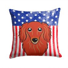 Load image into Gallery viewer, American Flag and Longhair Red Dachshund Throw Pillow - 14x14 Decorative Pillow – Art for Your Home &amp; Patio BB2144PW1414