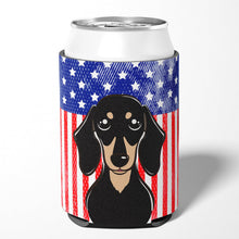 Load image into Gallery viewer, American Flag and Smooth Black and Tan Dachshund Can or Bottle Hugger BB2145CC