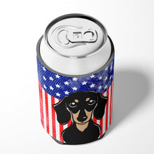 Load image into Gallery viewer, American Flag and Smooth Black and Tan Dachshund Can or Bottle Hugger BB2145CC