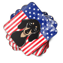 Load image into Gallery viewer, American Flag and Smooth Black and Tan Dachshund Foam Coaster