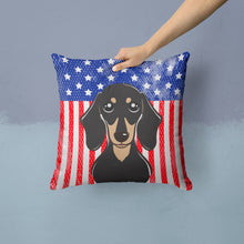 Load image into Gallery viewer, American Flag and Smooth Black and Tan Dachshund Throw Pillow - 14x14 Decorative Pillow – Art for Your Home &amp; Patio BB2145PW1414