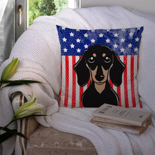 Load image into Gallery viewer, American Flag and Smooth Black and Tan Dachshund Throw Pillow - 14x14 Decorative Pillow – Art for Your Home &amp; Patio BB2145PW1414