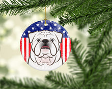 Load image into Gallery viewer, American Flag and White English Bulldog Ceramic Ornament