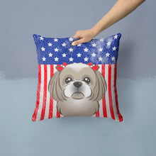 Load image into Gallery viewer, American Flag and Gray Silver Shih Tzu Throw Pillow - 14x14 Decorative Pillow – Art for Your Home &amp; Patio BB2180PW1414