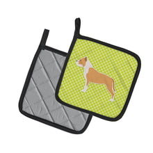 Load image into Gallery viewer, Staffordshire Bull Terrier Checkerboard Green Pot Holders - Set of 2 - Heat-Resistant Kitchen Essentials BB3854PTHD