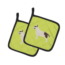 Load image into Gallery viewer, Bull Terrier Checkerboard Green Pot Holders - Set of 2 - Heat-Resistant Kitchen Essentials BB3878PTHD