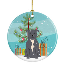 Load image into Gallery viewer, Merry Christmas Tree Staffordshire Bull Terrier Blue Ornament - Round Ceramic Ornament – Artist-Designed Keepsake Decoration BB4171CO1