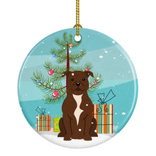 Load image into Gallery viewer, Merry Christmas Tree Staffordshire Bull Terrier Chocolate Ornament - Round Ceramic Ornament – Artist-Designed Keepsake Decoration BB4173CO1