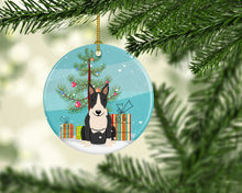 Load image into Gallery viewer, Merry Christmas Tree Bull Terrier Black White Ornament - Round Ceramic Ornament – Artist-Designed Keepsake Decoration BB4258CO1