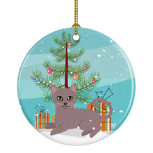 Load image into Gallery viewer, Russian Blue Cat Merry Christmas Tree Ornament - Round Ceramic Ornament – Artist-Designed Keepsake Decoration BB4427CO1