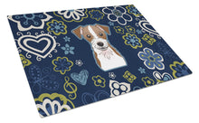 Load image into Gallery viewer, Blue Flowers Jack Russell Terrier Glass Cutting Boards – Durable, Decorative Kitchen Art Large BB5053LCB