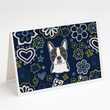Load image into Gallery viewer, Blue Flowers Boston Terrier Greeting Cards -  Blank Note Cards – 8-Pack of Artist-Designed Cards with Envelopes