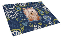 Load image into Gallery viewer, Blue Flowers Yorkie Yorkishire Terrier Glass Cutting Boards – Durable, Decorative Kitchen Art Large BB5055LCB