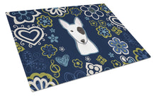 Load image into Gallery viewer, Blue Flowers Bull Terrier Glass Cutting Boards – Durable, Decorative Kitchen Art Large BB5060LCB