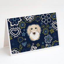 Load image into Gallery viewer, Blue Flowers Longhair Creme Dachshund Greeting Cards -  Blank Note Cards – 8-Pack of Artist-Designed Cards with Envelopes