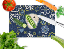 Load image into Gallery viewer, Blue Flowers Longhair Creme Dachshund Glass Cutting Boards – Durable, Decorative Kitchen Art Large BB5063LCB