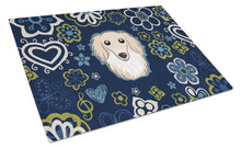 Load image into Gallery viewer, Blue Flowers Longhair Creme Dachshund Glass Cutting Boards – Durable, Decorative Kitchen Art Large BB5063LCB