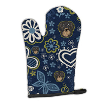 Load image into Gallery viewer, Blue Flowers Longhair Black and Tan Dachshund Oven Mitt BB5064OVMT