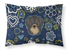 Load image into Gallery viewer, Blue Flowers Longhair Black and Tan Dachshund Fabric Standard Pillowcase – Artistic Decorative Front, White Back BB5064PILLOWCASE