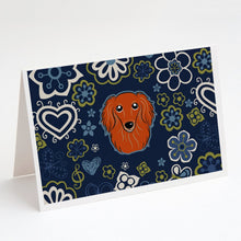 Load image into Gallery viewer, Blue Flowers Longhair Red Dachshund Greeting Cards -  Blank Note Cards – 8-Pack of Artist-Designed Cards with Envelopes
