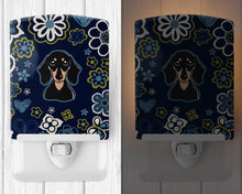 Load image into Gallery viewer, Blue Flowers Smooth Black and Tan Dachshund Ceramic Night Light BB5066CNL